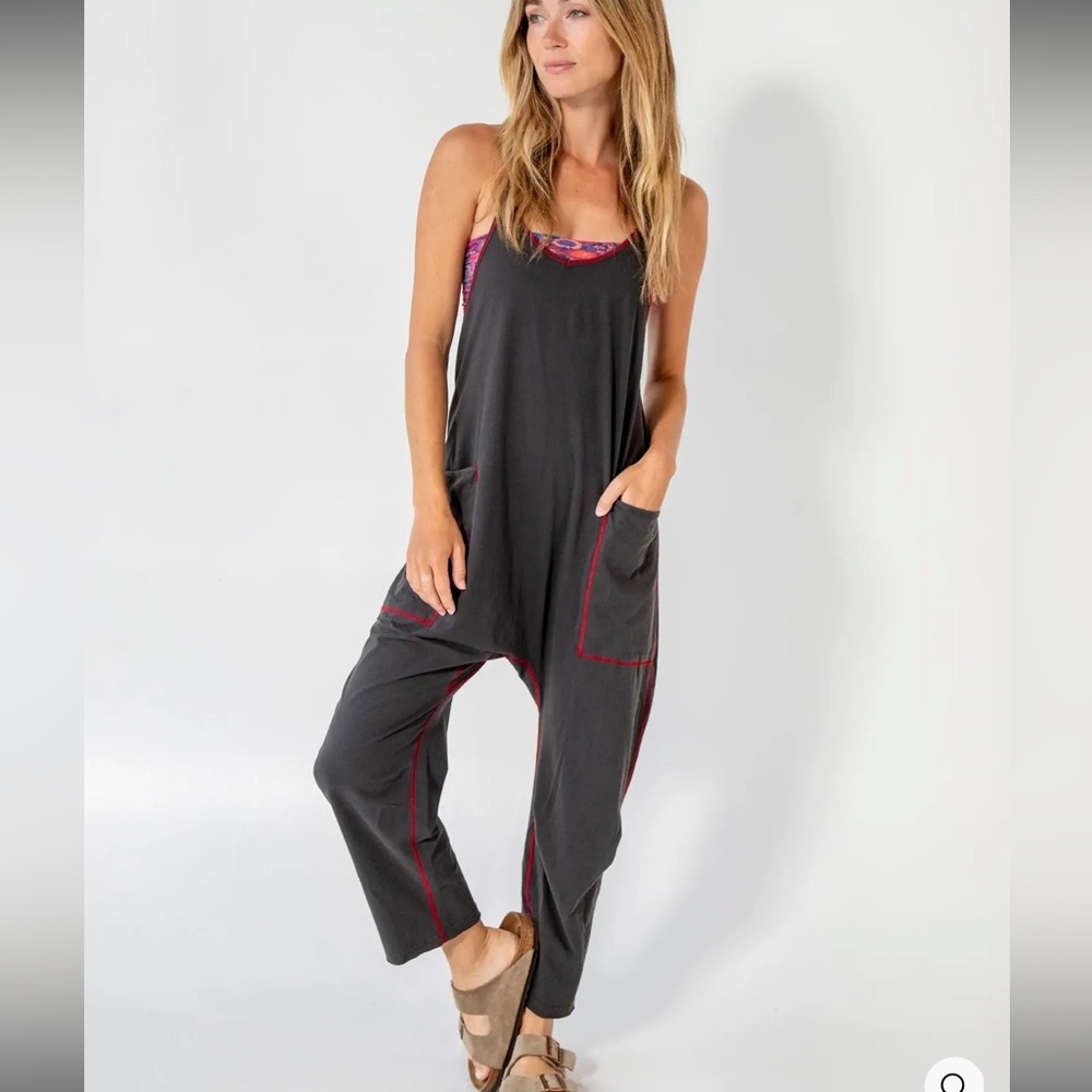 NATURAL LIFE Charcoal Jumpsuit with Pink Trim